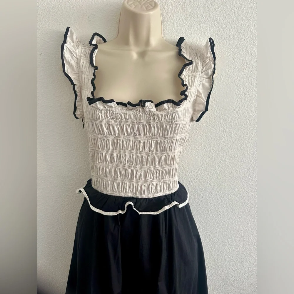 Free People Black and Cream Smocked Midi Dress